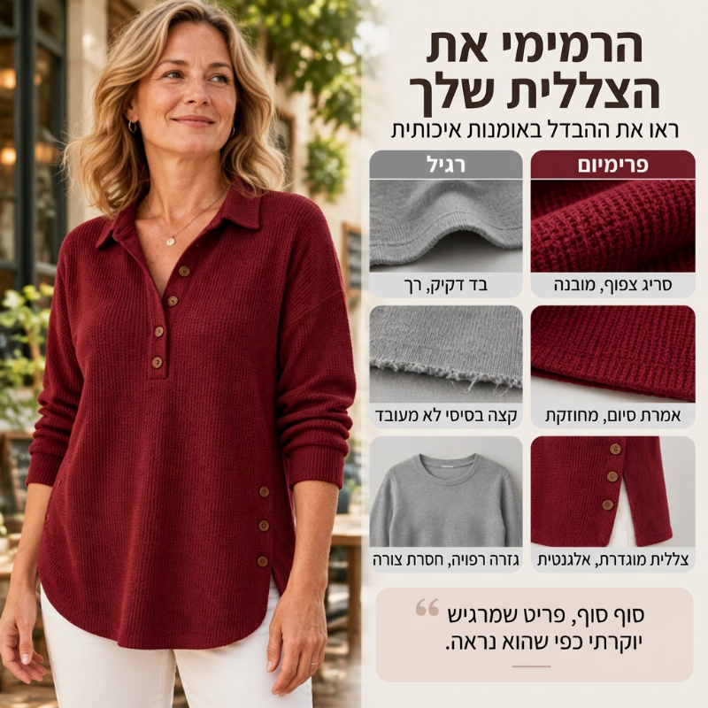 חולצת נשים בעלת שרוולים ארוגים בדוגמת וופל