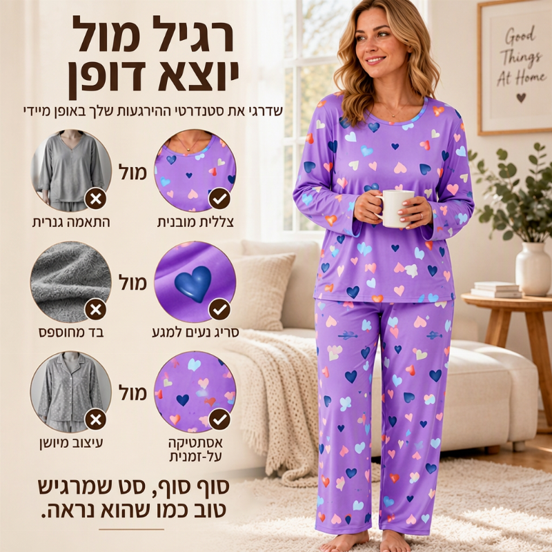 סט פיג'מה לנשים עם הדפס לבבות ושרוולים ארוכים
