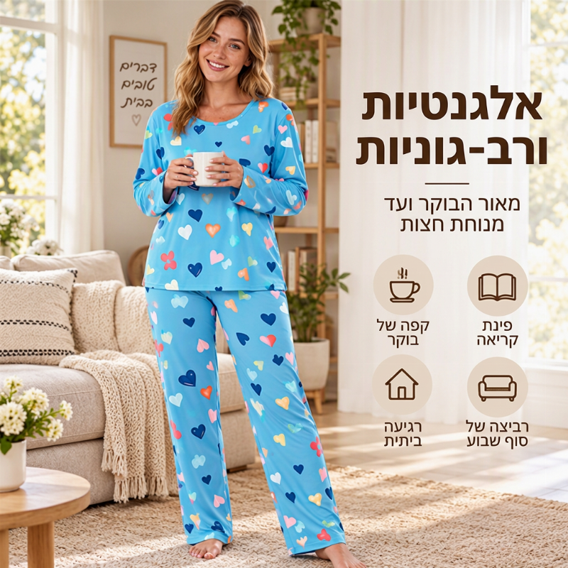 סט פיג'מה לנשים עם הדפס לבבות ושרוולים ארוכים