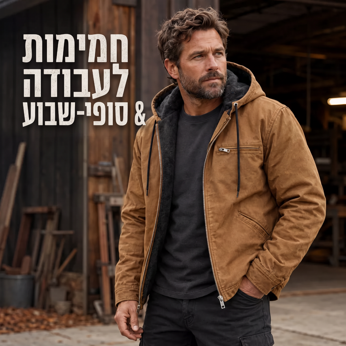 ⏳📢 מעיל עבודה עם ברדס ופרווה לגבר