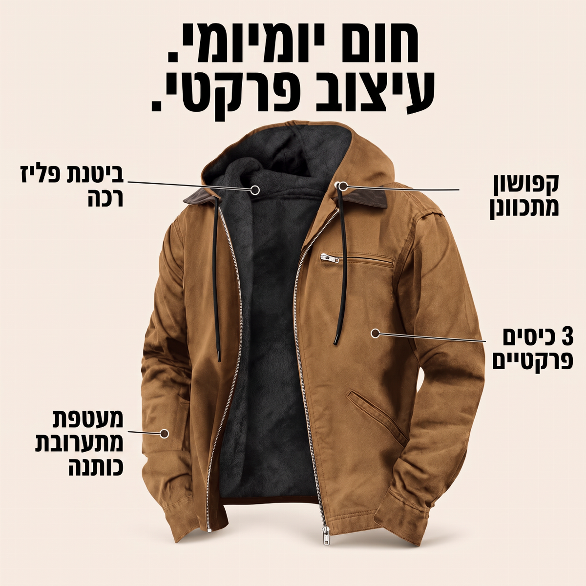 ⏳📢 מעיל עבודה עם ברדס ופרווה לגבר