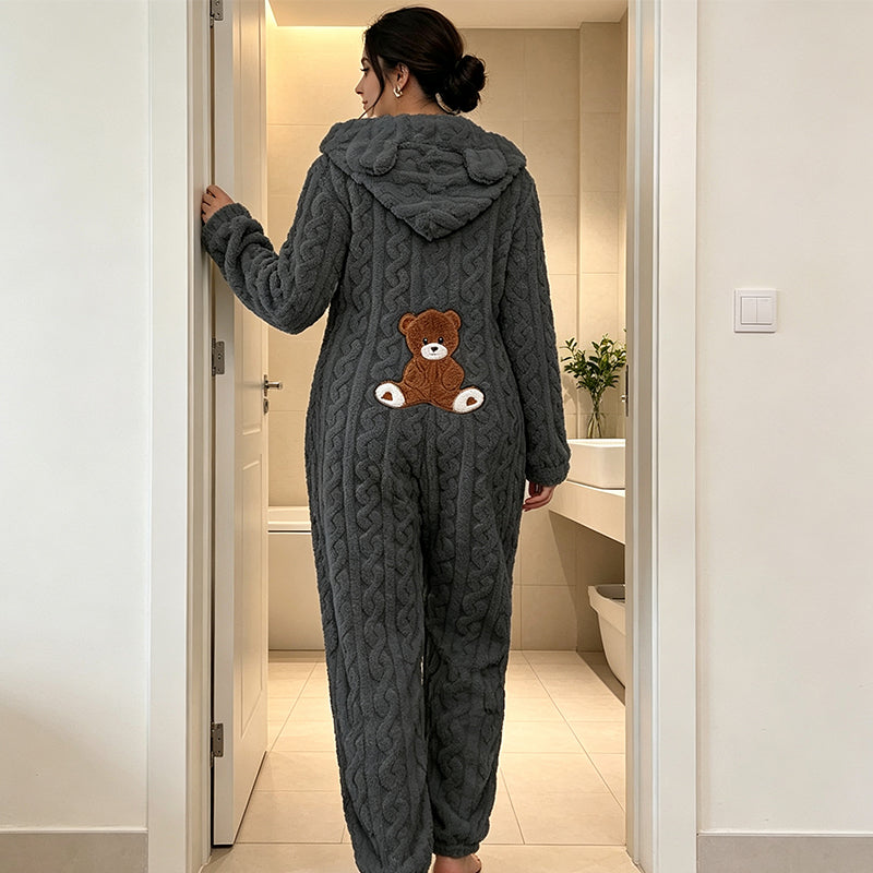 💖מבצע ענק בלאק פריידי - 50% הנחה!💖🐻 נוחות שובבה | בגדי ל'ונג' מעוצבים עם ברדס לנשים, רקמת דוב וסריגת כבלים