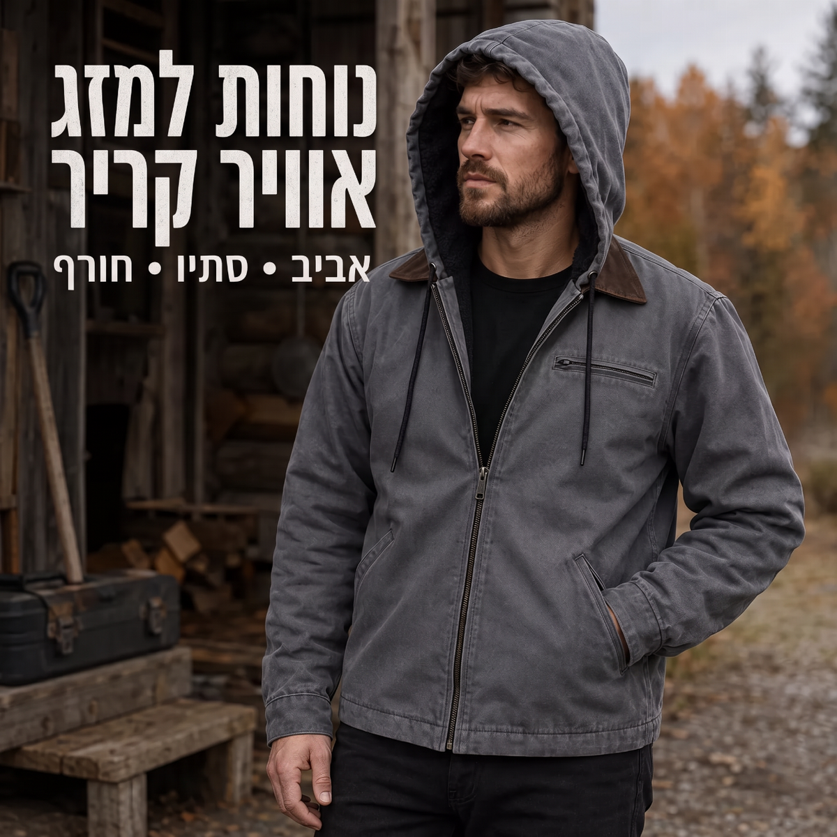 ⏳📢 מעיל עבודה עם ברדס ופרווה לגבר