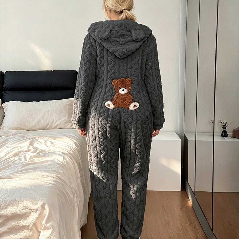 💖מבצע ענק בלאק פריידי - 50% הנחה!💖🐻 נוחות שובבה | בגדי ל'ונג' מעוצבים עם ברדס לנשים, רקמת דוב וסריגת כבלים