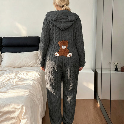 💖מבצע ענק בלאק פריידי - 50% הנחה!💖🐻 נוחות שובבה | בגדי ל'ונג' מעוצבים עם ברדס לנשים, רקמת דוב וסריגת כבלים
