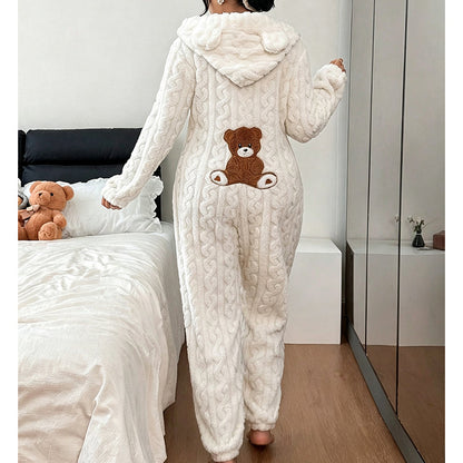 💖מבצע ענק בלאק פריידי - 50% הנחה!💖🐻 נוחות שובבה | בגדי ל'ונג' מעוצבים עם ברדס לנשים, רקמת דוב וסריגת כבלים