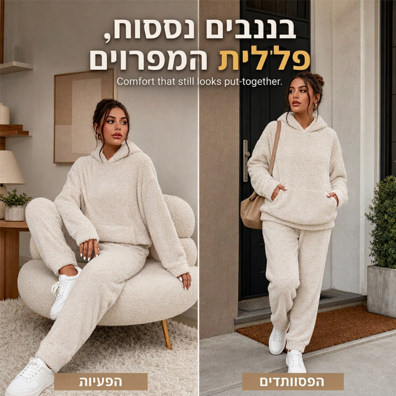 🧸 חום נעים ופלאשי, התאמה ללא מאמץ | סט ל-2 חלקים עם מכסה נשים