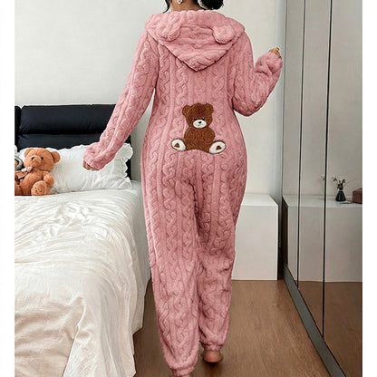 💖מבצע ענק בלאק פריידי - 50% הנחה!💖🐻 נוחות שובבה | בגדי ל'ונג' מעוצבים עם ברדס לנשים, רקמת דוב וסריגת כבלים