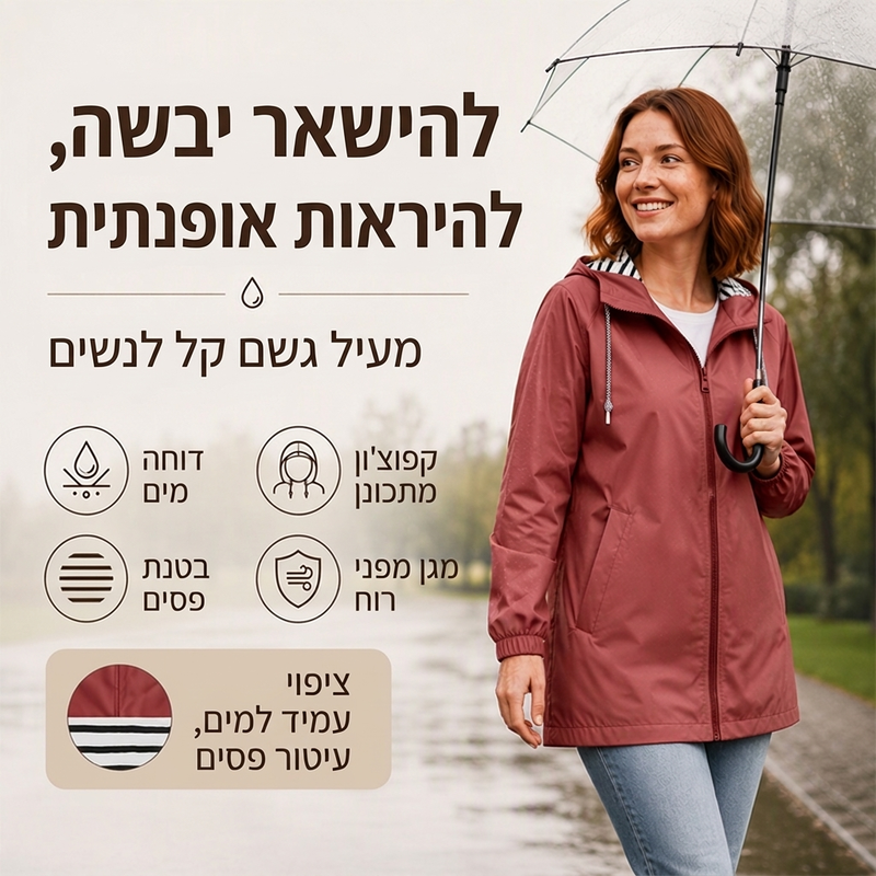 מעיל נשים חיצוני עמיד למים עם ברדס