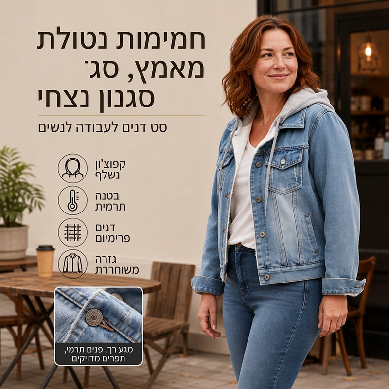 👚✨מעיל ג'ינס שכבתי עם ברדס לנשים עם בטנה חמה