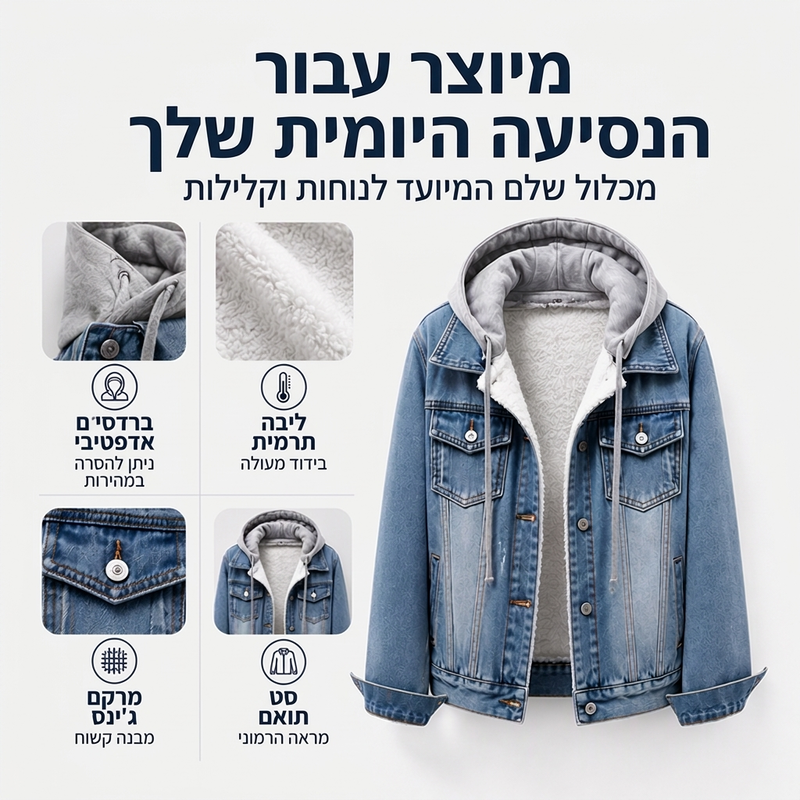 👚✨מעיל ג'ינס שכבתי עם ברדס לנשים עם בטנה חמה