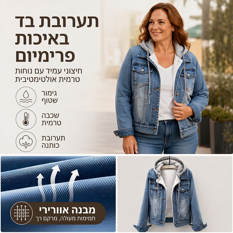 👚✨מעיל ג'ינס שכבתי עם ברדס לנשים עם בטנה חמה