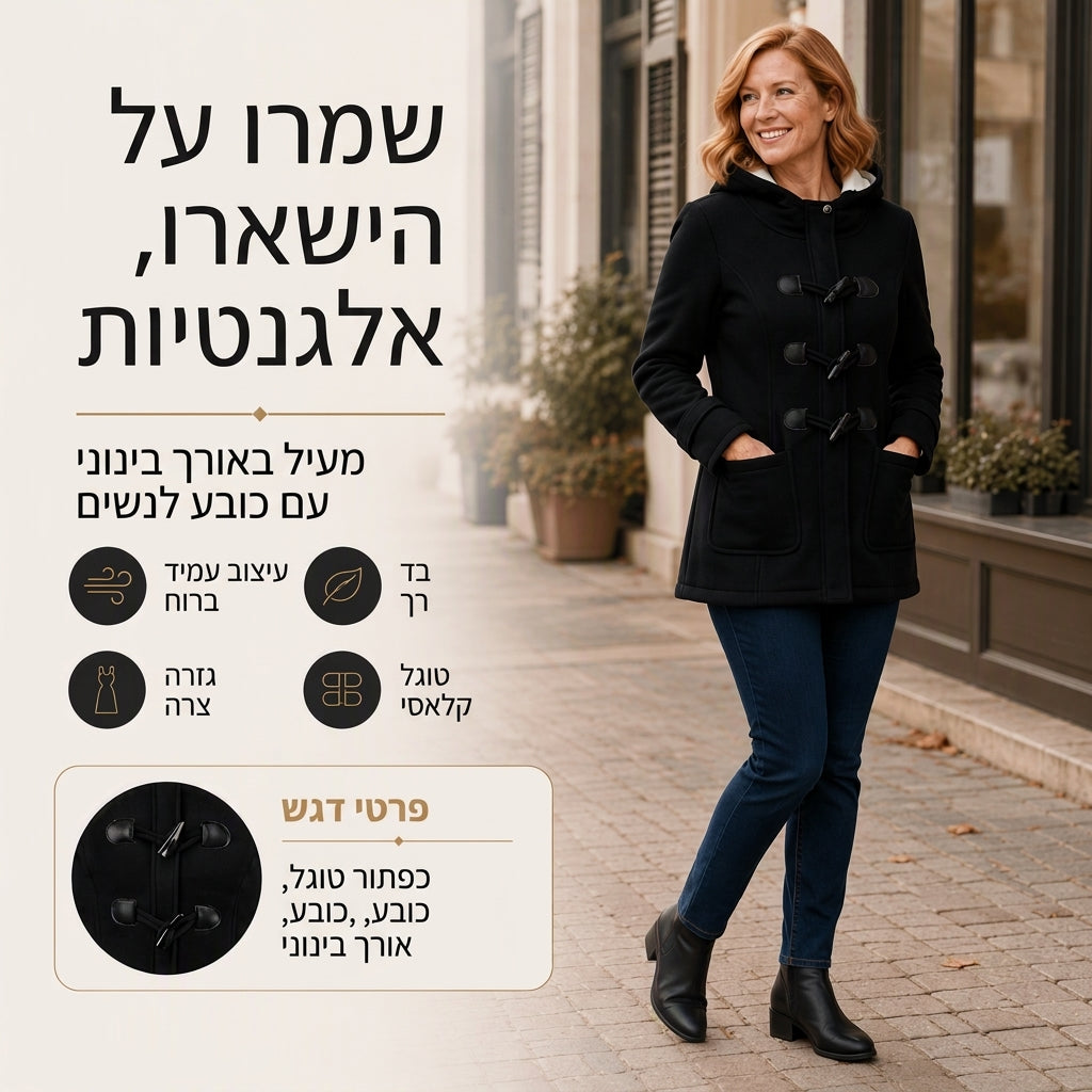 מעיל נשים חם עם ברדש וכפתורי טוג�ול לחורף