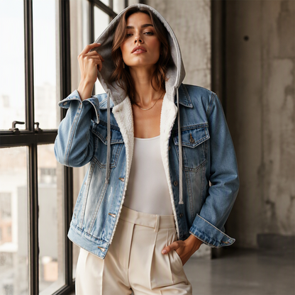 👚✨מעיל ג'ינס שכבתי עם ברדס לנשים עם בטנה חמה