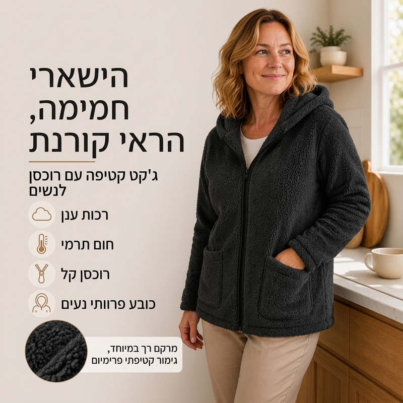 ז'קט מגודל עם ברדס לנשים