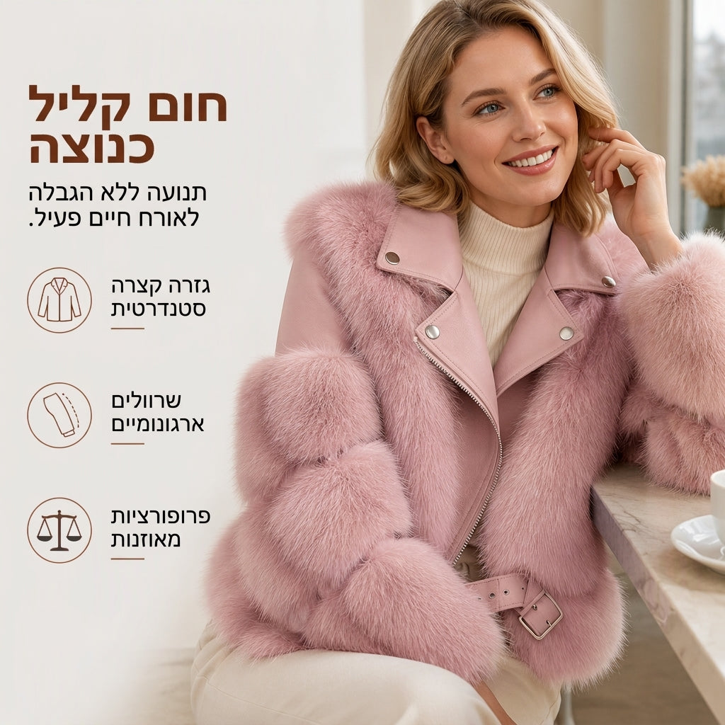 מעיל חורף קצר של נשים מפרווה מלאכותית