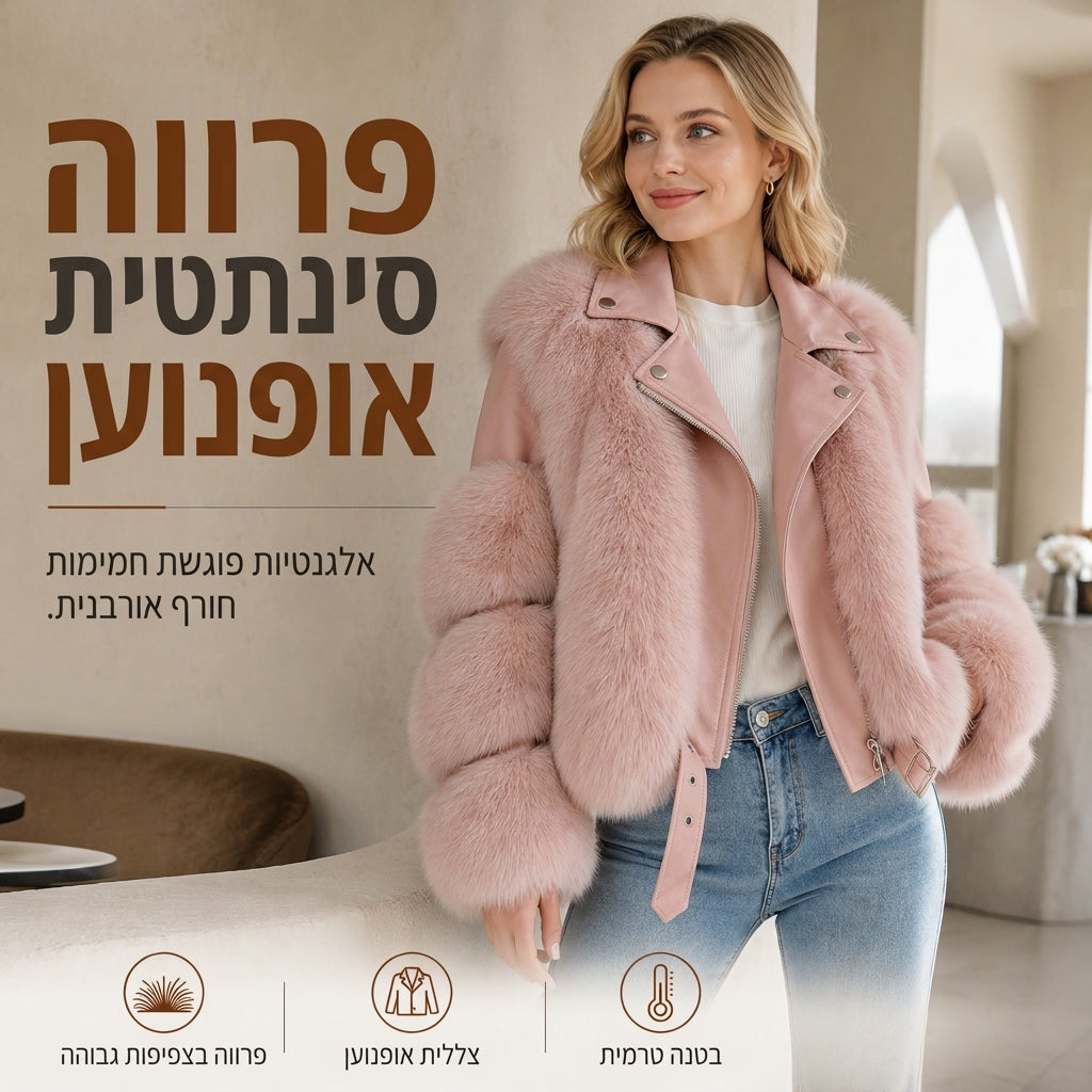 מעיל חורף קצר של נשים מפרווה מלאכותית