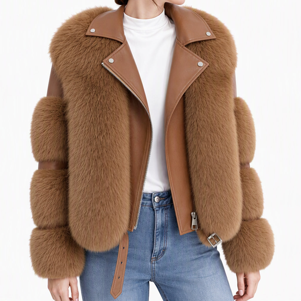 מעיל חורף קצר של נשים מפרווה מלאכותית