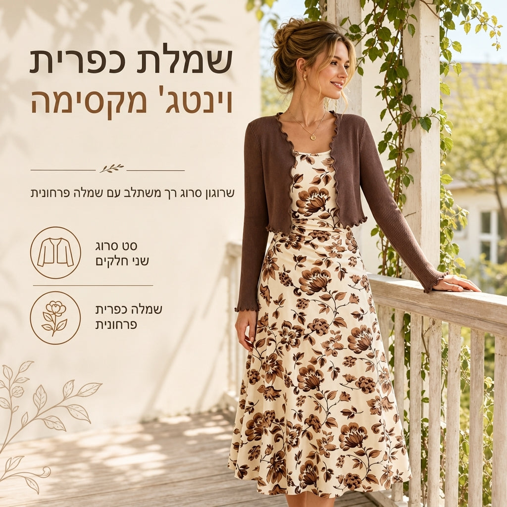 🌷 שמלת סליפ עם הדפסי פרחים וינטאג׳, קרדיגן סרוג קצר עם צלעות | סט בגדים דו-הרכבי לנשים