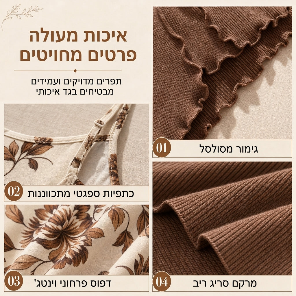 🌷 שמלת סליפ עם הדפסי פרחים וינטאג׳, קרדיגן סרוג קצר עם צלעות | סט בגדים דו-הרכבי לנשים