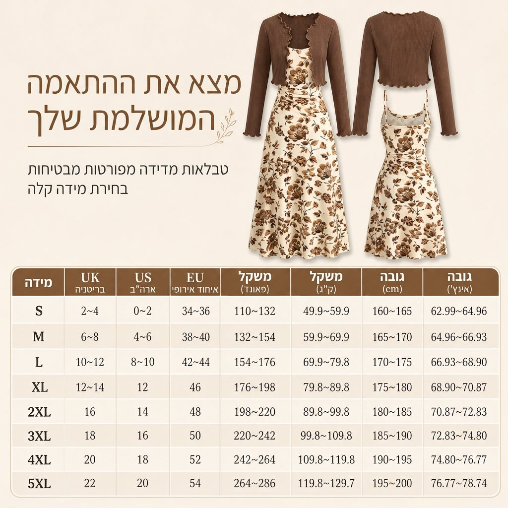 🌷 שמלת סליפ עם הדפסי פרחים וינטאג׳, קרדיגן סרוג קצר עם צלעות | סט בגדים דו-הרכבי לנשים