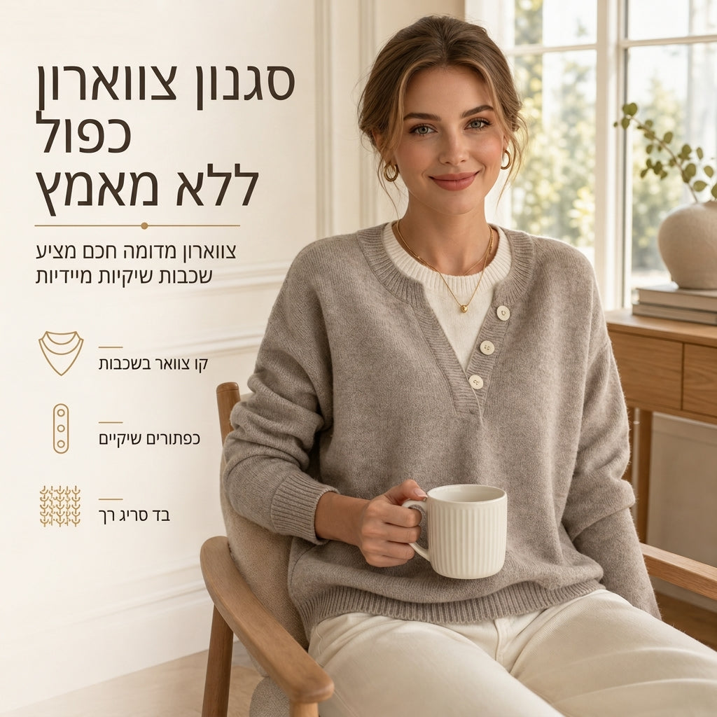 🌸מבצע חם 50% הנחה💖 סוודר סרוק צוואר V קז'ואלי בשני חלקים מדומה עם פרטי כפתורים