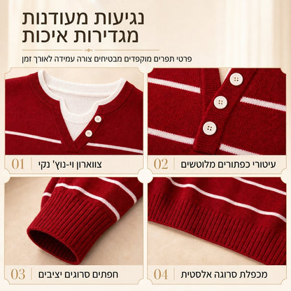 🌸מבצע חם 50% הנחה💖 סוודר סרוק צוואר V קז'ואלי בשני חלקים מדומה עם פרטי כפתורים