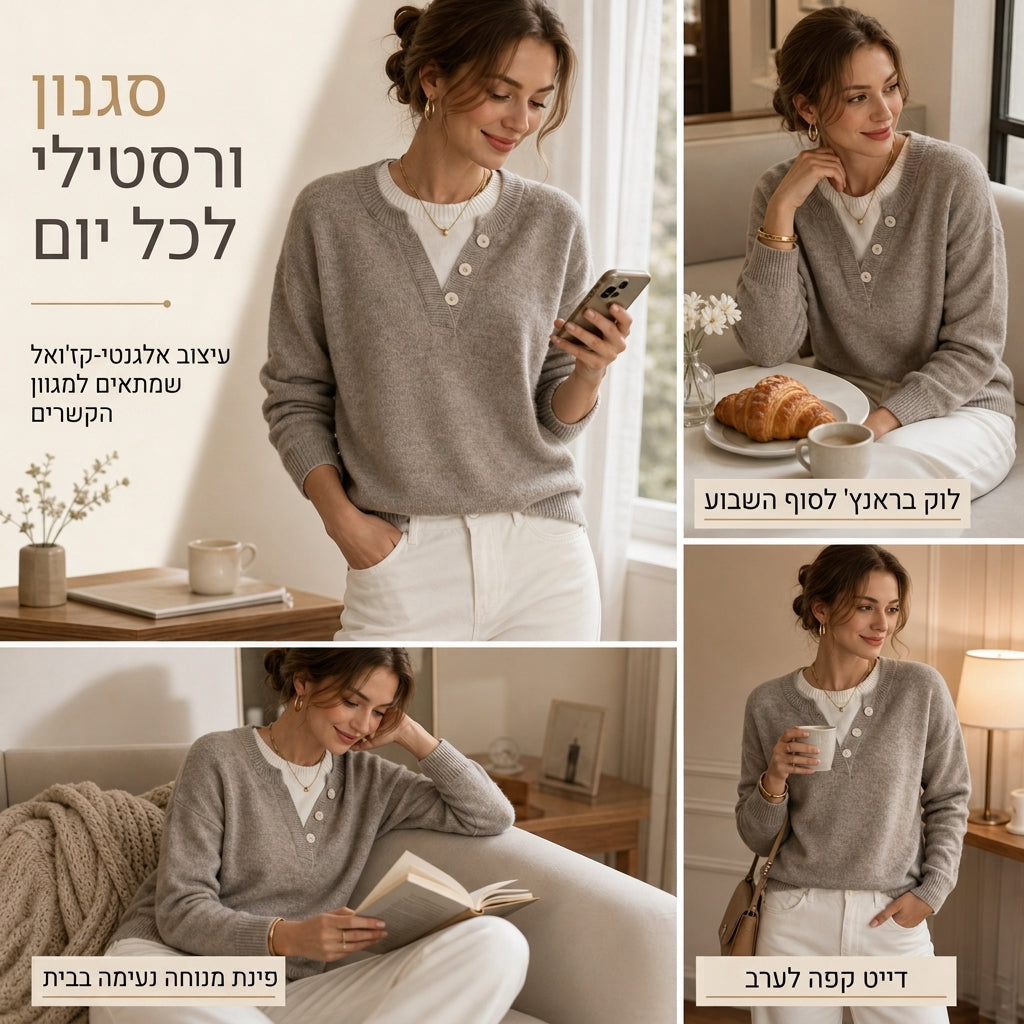 🌸מבצע חם 50% הנחה💖 סוודר סרוק צוואר V קז'ואלי בשני חלקים מדומה עם פרטי כפתורים