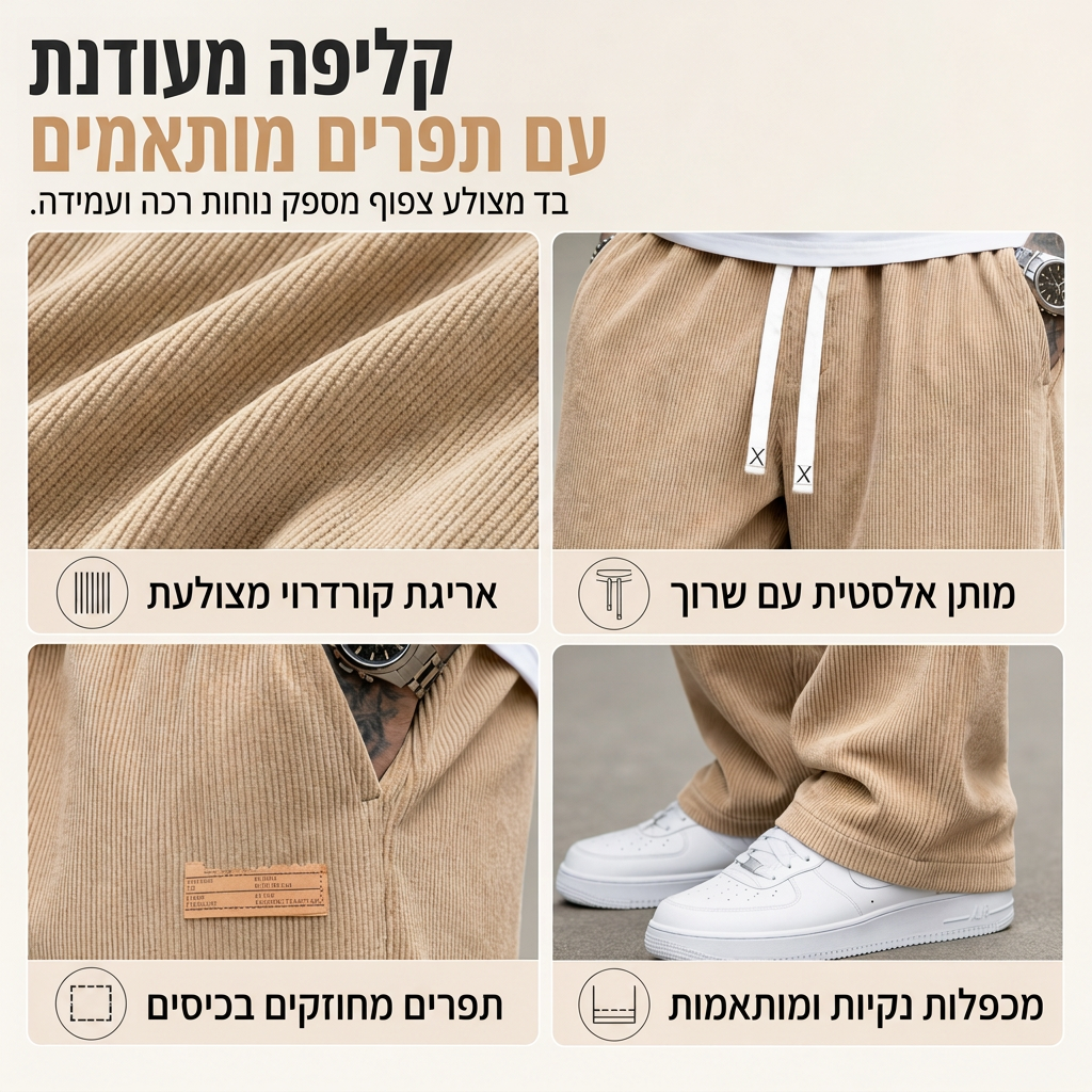 💎 מבצע בלעדי 👖 מכנסי קורדרוי קלים לגברים, להתלבשות יומיומית בחיתוך ישר ורוחבי ✨ בד קורדרוי קל משקל, חיתוך ישר רוחבי, מכנסיים יומיומיים נוחים