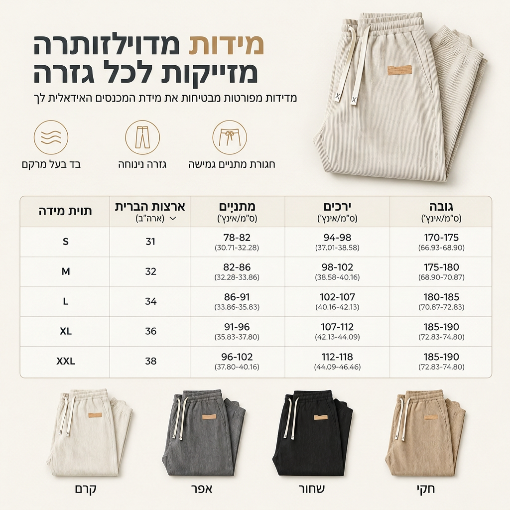 💎 מבצע בלעדי 👖 מכנסי קורדרוי קלים לגברים, להתלבשות יומיומית בחיתוך ישר ורוחבי ✨ בד קורדרוי קל משקל, חיתוך ישר רוחבי, מכנסיים יומיומיים נוחים