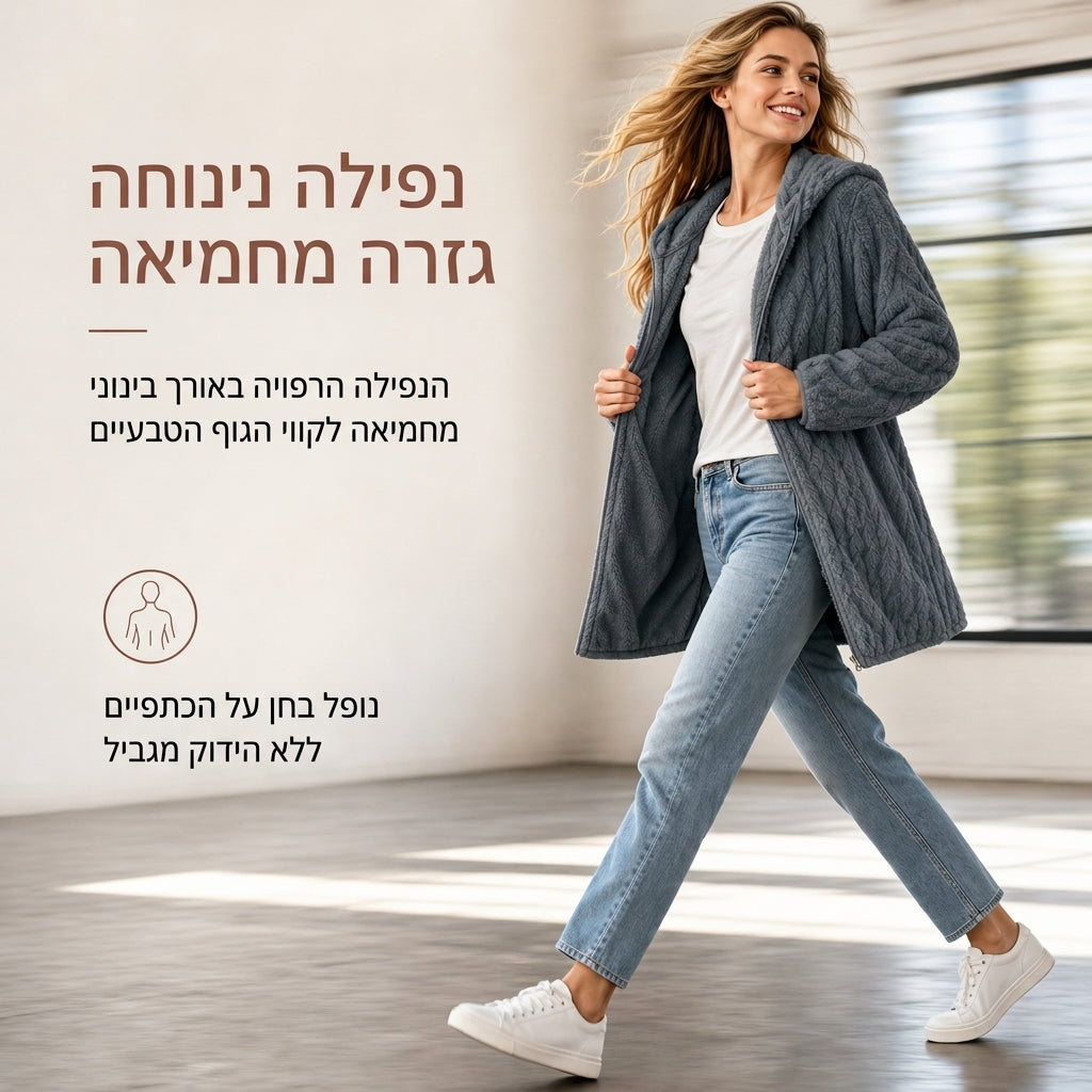 💥מעיל קפוצ'ון קז'ואלי פופולרי חדש 🧥 לנשים בבד פלוס רך - עיצוב קפוצ'ון, פתח קדמי ללא כפתורים, בגד חוץ קז'ואלי