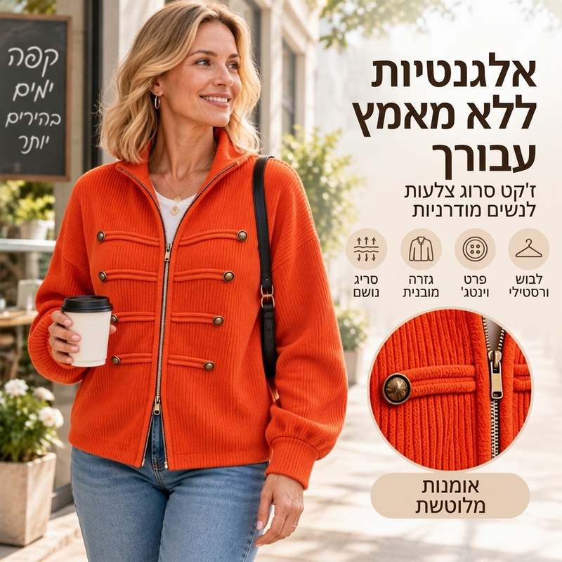ז'קט נשים מזדמן עם רוכסן ומרקם מצולע