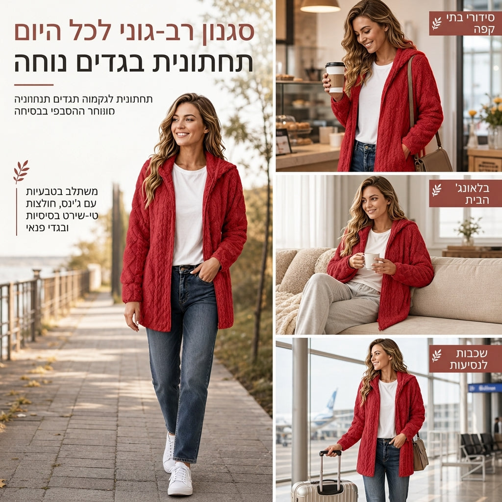💥מעיל קפוצ'ון קז'ואלי פופולרי חדש 🧥 לנשים בבד פלוס רך - עיצוב קפוצ'ון, פתח קדמי ללא כפתורים, בגד חוץ קז'ואלי