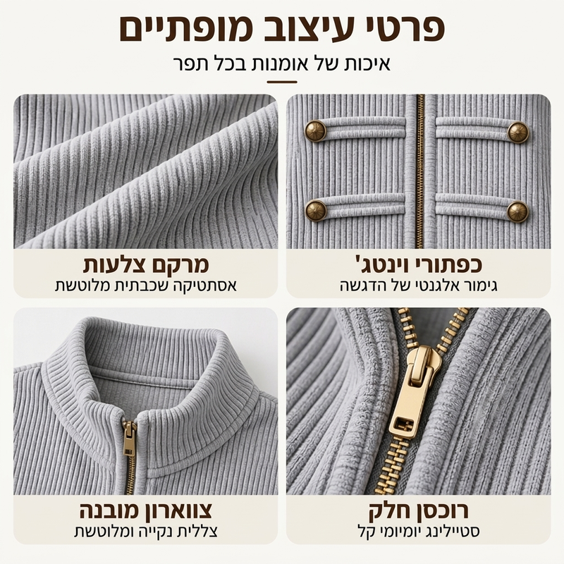 ז'קט נשים מזדמן עם רוכסן ומרקם מצולע