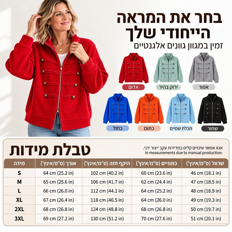ז'קט נשים מזדמן עם רוכסן ומרקם מצולע