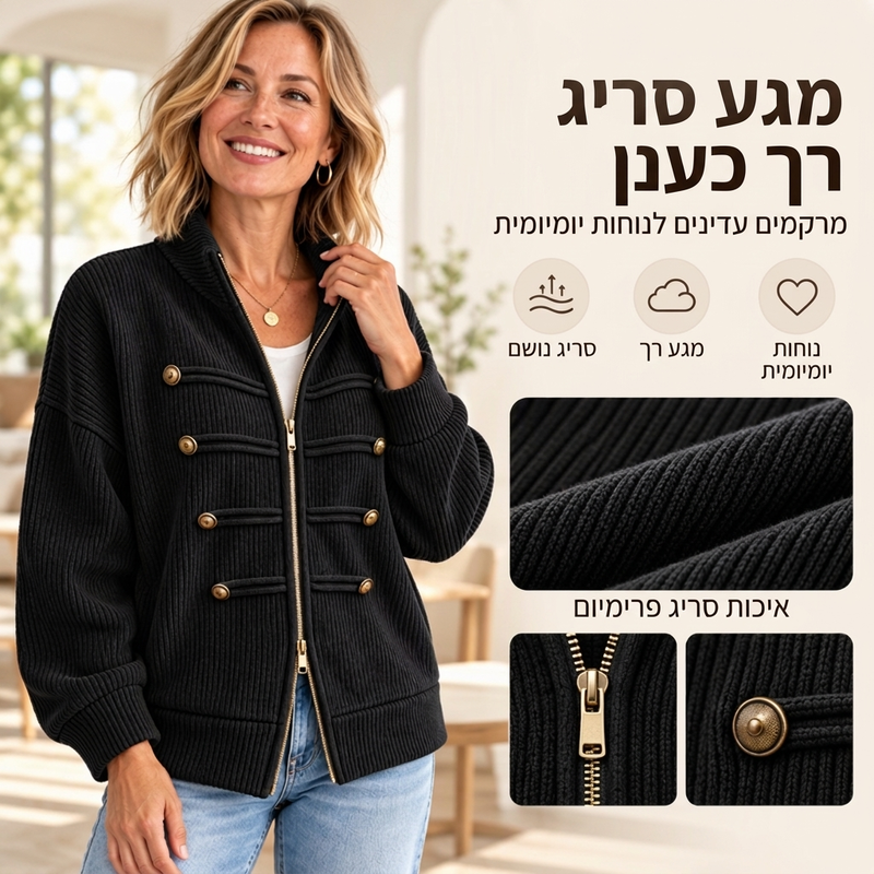 ז'קט נשים מזדמן עם רוכסן ומרקם מצולע