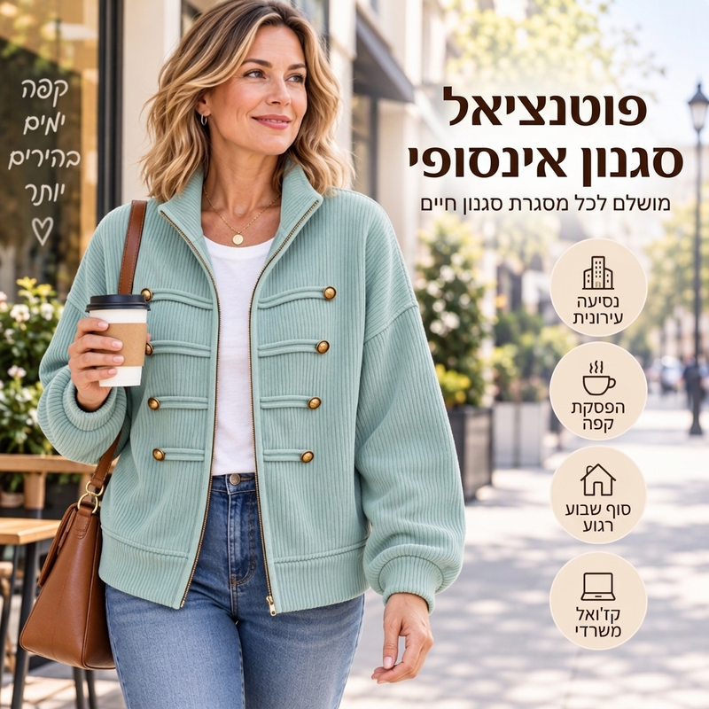 ז'קט נשים מזדמן עם רוכסן ומרקם מצולע