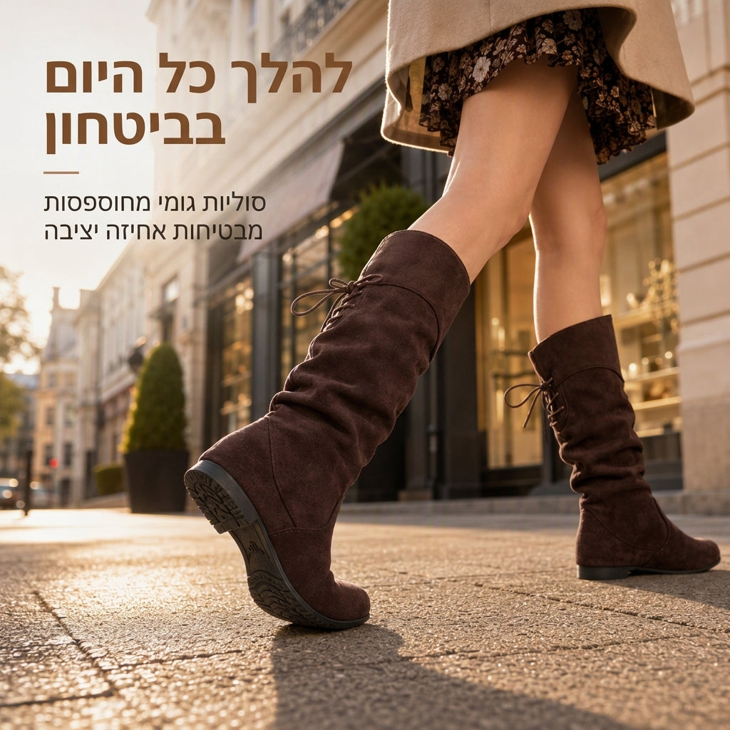 מגפיים נשיים עד אמצע השוק עם שרוכים ועיצוב מרופד