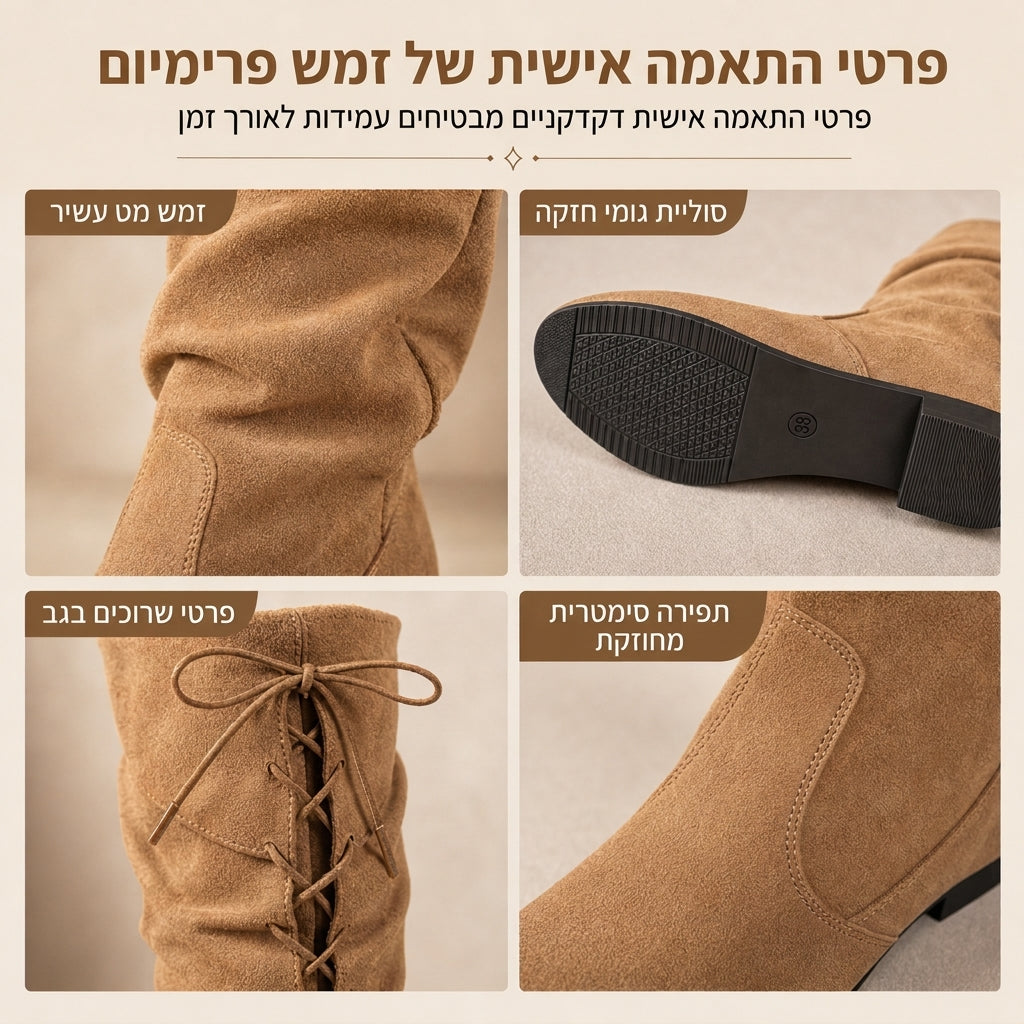 מגפיים נשיים עד אמצע השוק עם שרוכים ועיצוב מרופד