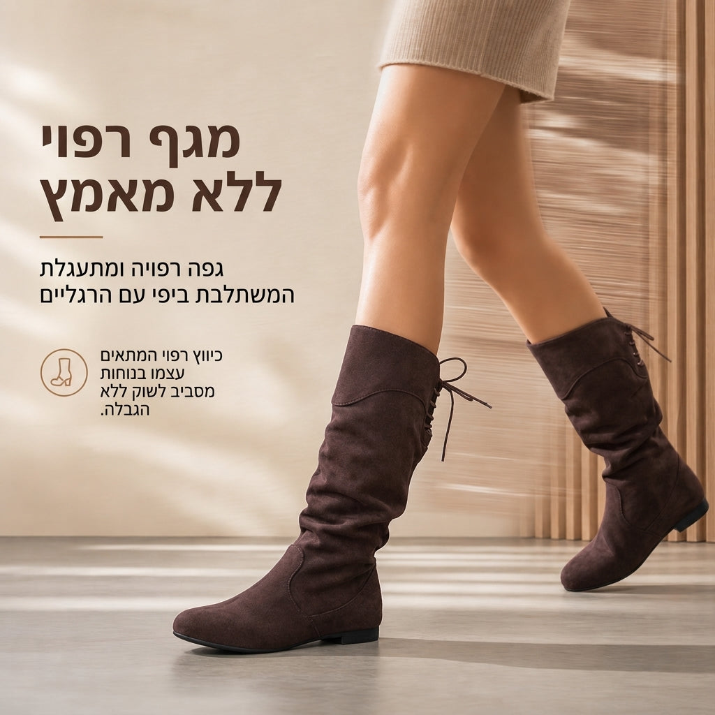 מגפיים נשיים עד אמצע השוק עם שרוכים ועיצוב מרופד