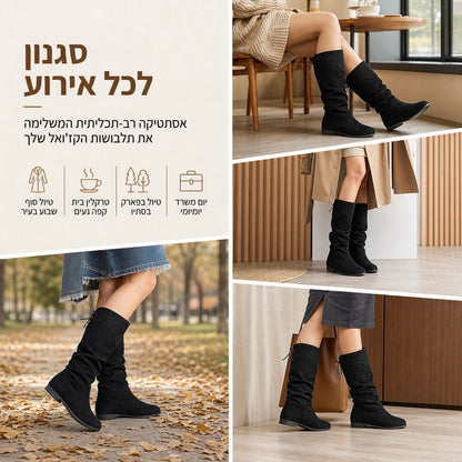 מגפיים נשיים עד אמצע השוק עם שרוכים ועיצוב מרופד