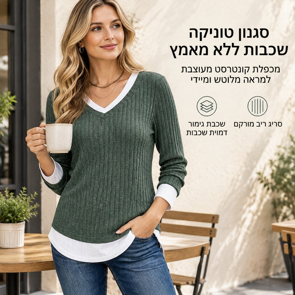 💚 חולצת סריג שכבתית במראה דו-חלקי, עליונית קז'ואל יומיומית