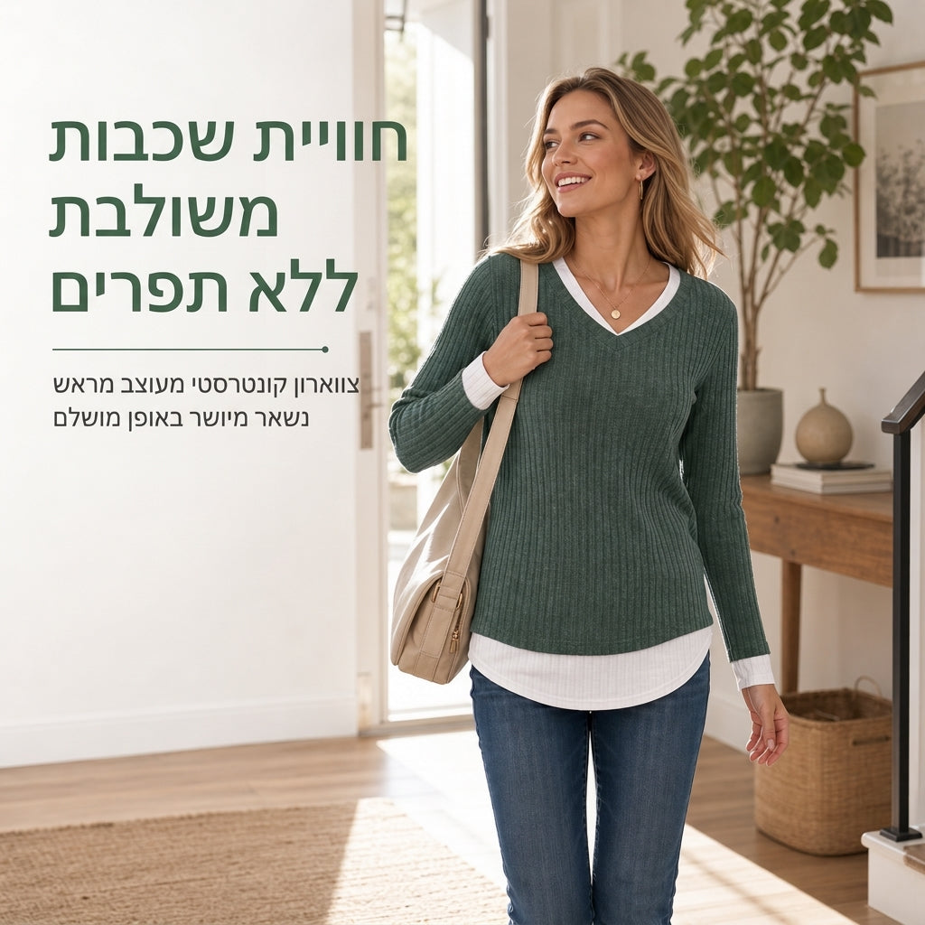 💚 חולצת סריג שכבתית במראה דו-חלקי, עליונית קז'ואל יומיומית