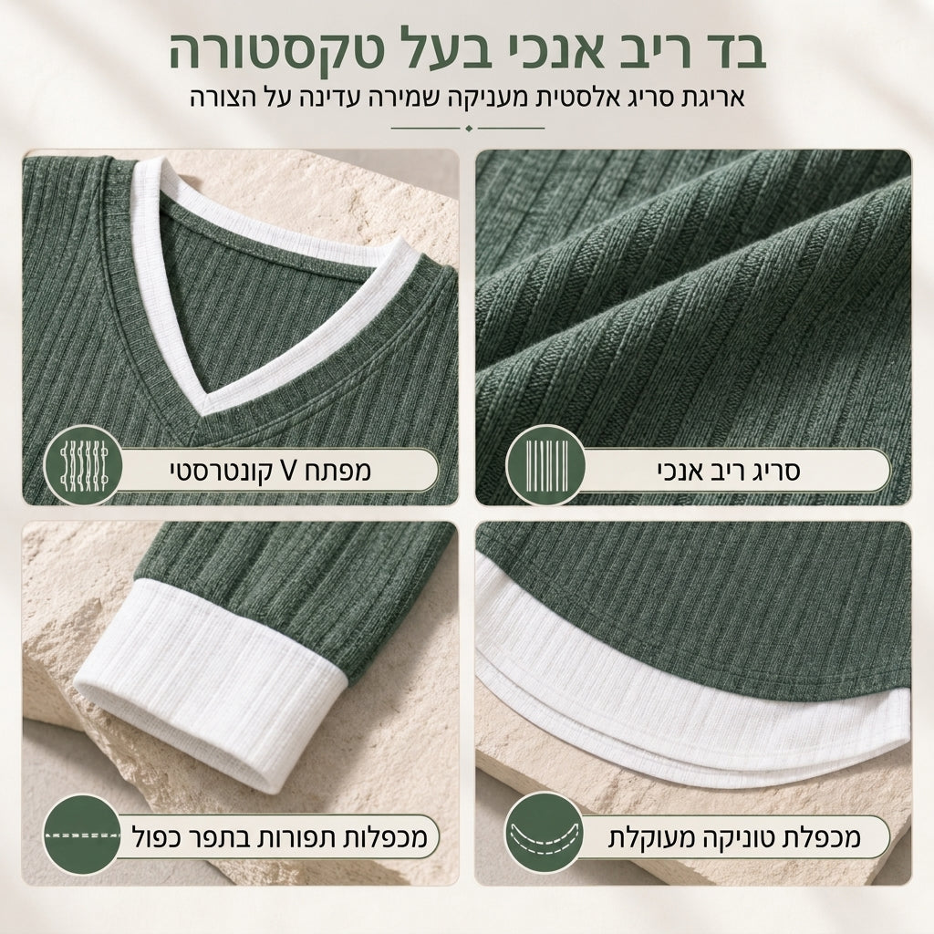 💚 חולצת סריג שכבתית במראה דו-חלקי, עליונית קז'ואל יומיומית