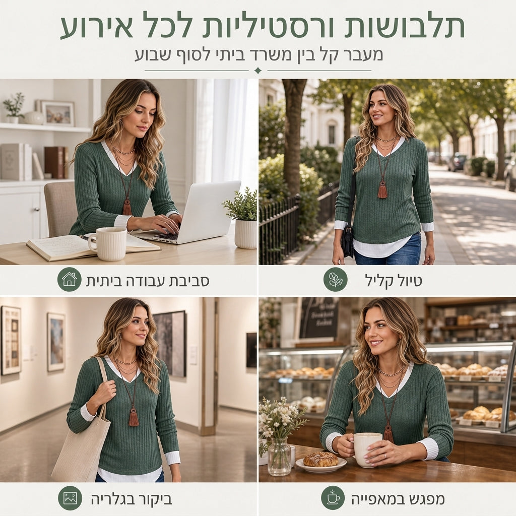 💚 חולצת סריג שכבתית במראה דו-חלקי, עליונית קז'ואל יומיומית