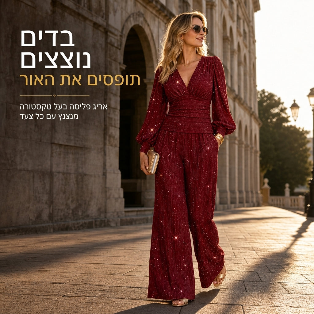 ⏰ היום האחרון למבצע – 50% הנחה ✨סט שתי יצירות לנשים לסתיו ולחורף, חולצת קפלים עם צוואר V עמוק ושרוולי פנס, ומכנסיים רחבות עם כיסים
