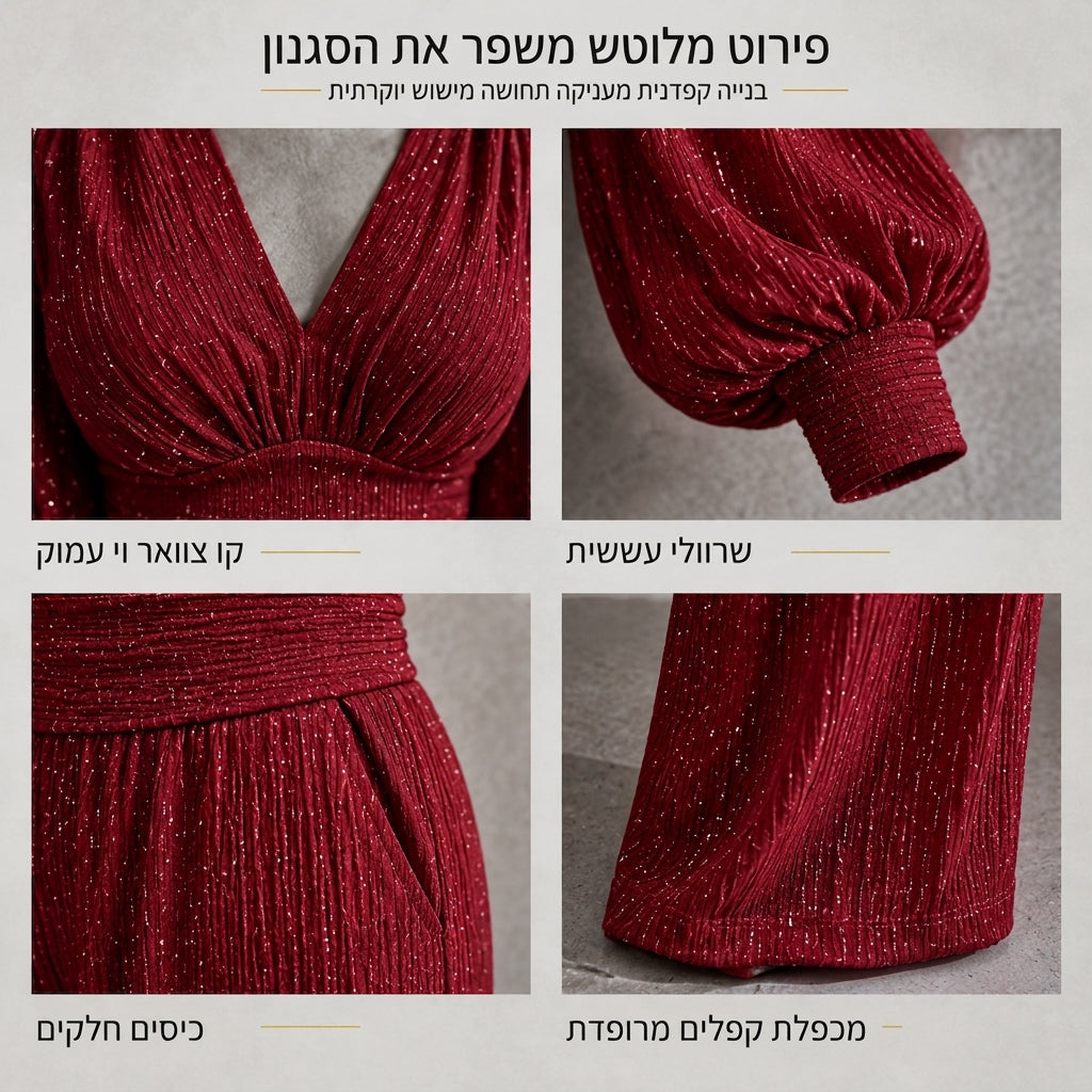 ⏰ היום האחרון למבצע – 50% הנחה ✨סט שתי יצירות לנשים לסתיו ולחורף, חולצת קפלים עם צוואר V עמוק ושרוולי פנס, ומכנסיים רחבות עם כיסים