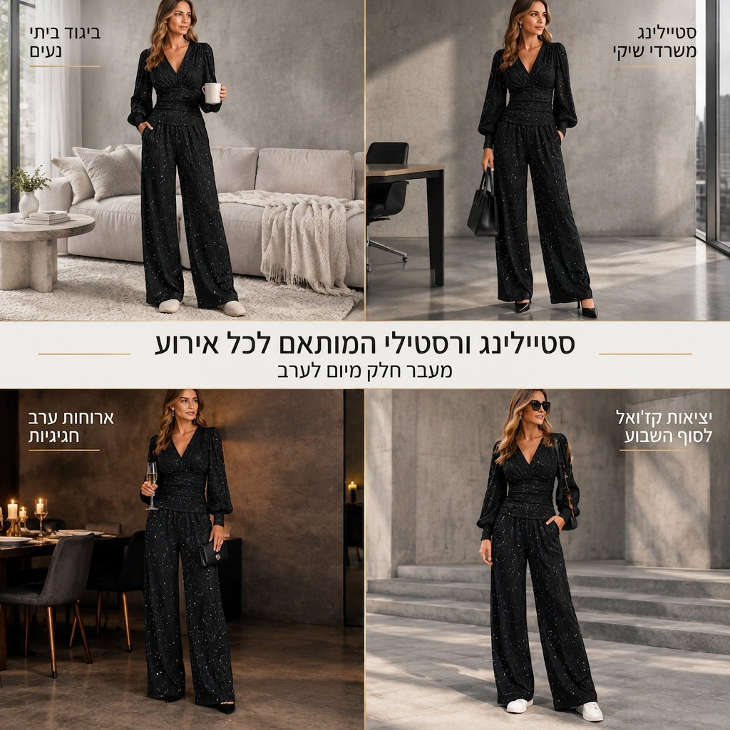 ⏰ היום האחרון למבצע – 50% הנחה ✨סט שתי יצירות לנשים לסתיו ולחורף, חולצת קפלים עם צוואר V עמוק ושרוולי פנס, ומכנסיים רחבות עם כיסים