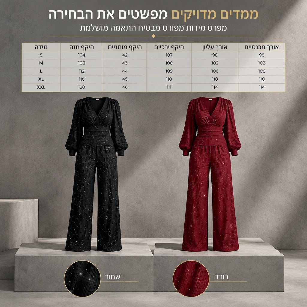 ⏰ היום האחרון למבצע – 50% הנחה ✨סט שתי יצירות לנשים לסתיו ולחורף, חולצת קפלים עם צוואר V עמוק ושרוולי פנס, ומכנסיים רחבות עם כיסים