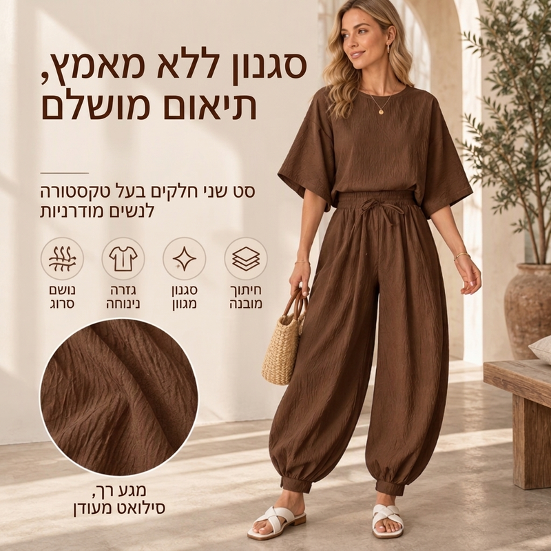 סט נשים עם שרוול עטלף מרקם ומכנסיים בצורת פנס